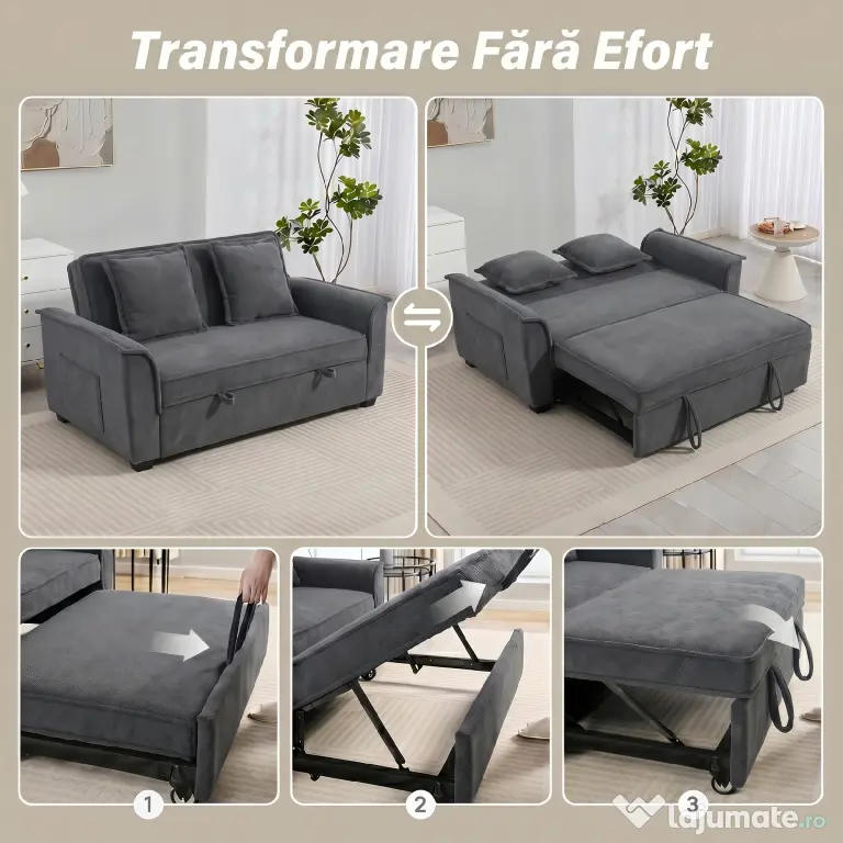 HOMCOM 3 în 1 Canapea Extensibilă 2 Locuri cu Spătar Reglabil în 3 Poziții și 2 Perne Chenille, Gri Închis | Aosom Romania