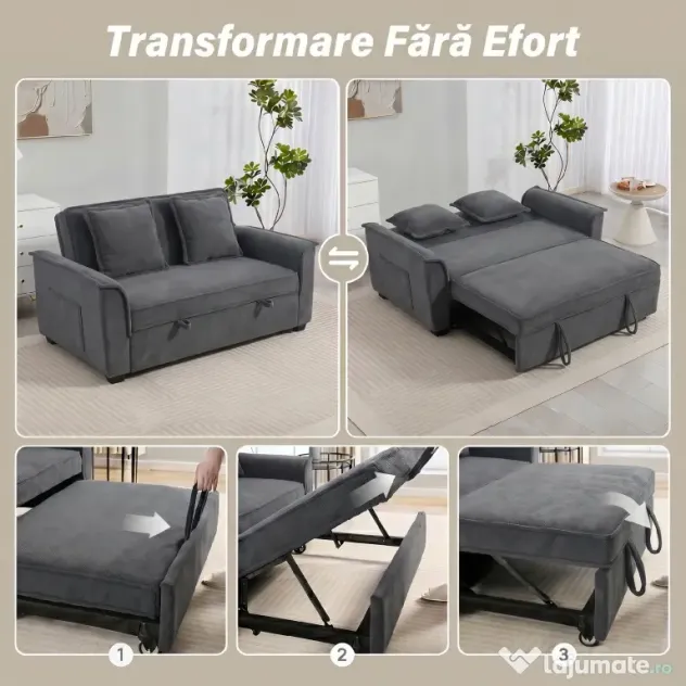 HOMCOM 3 în 1 Canapea Extensibilă 2 Locuri cu Spătar Reglabil în 3 Poziții și 2 Perne Chenille, Gri Închis | Aosom Romania
