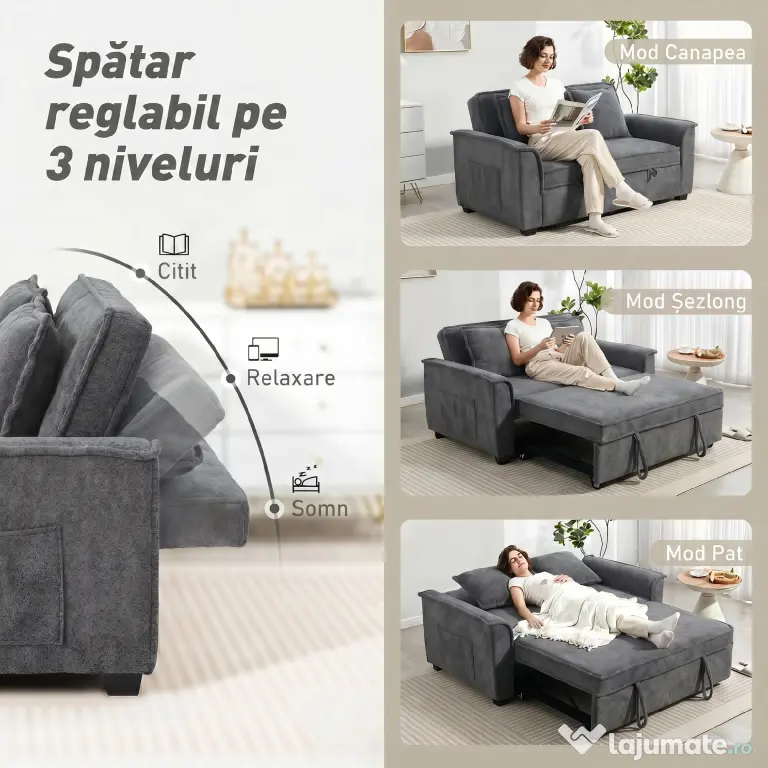 HOMCOM 3 în 1 Canapea Extensibilă 2 Locuri cu Spătar Reglabil în 3 Poziții și 2 Perne Chenille, Gri Închis | Aosom Romania