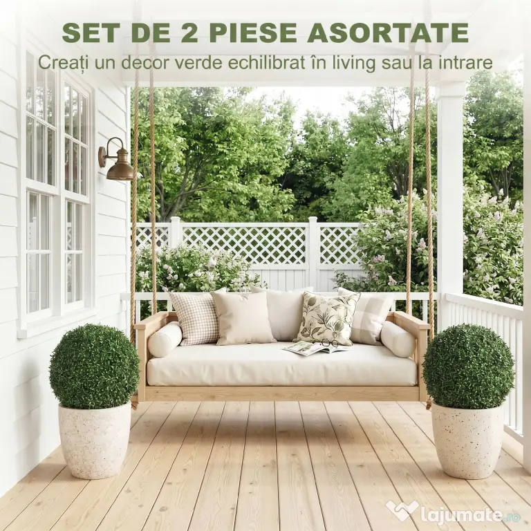 HOMCOM Plante Decorative Artificiale din Buxus cu 682 de Frunze, Rezistente la UV, Înălțime 42 cm