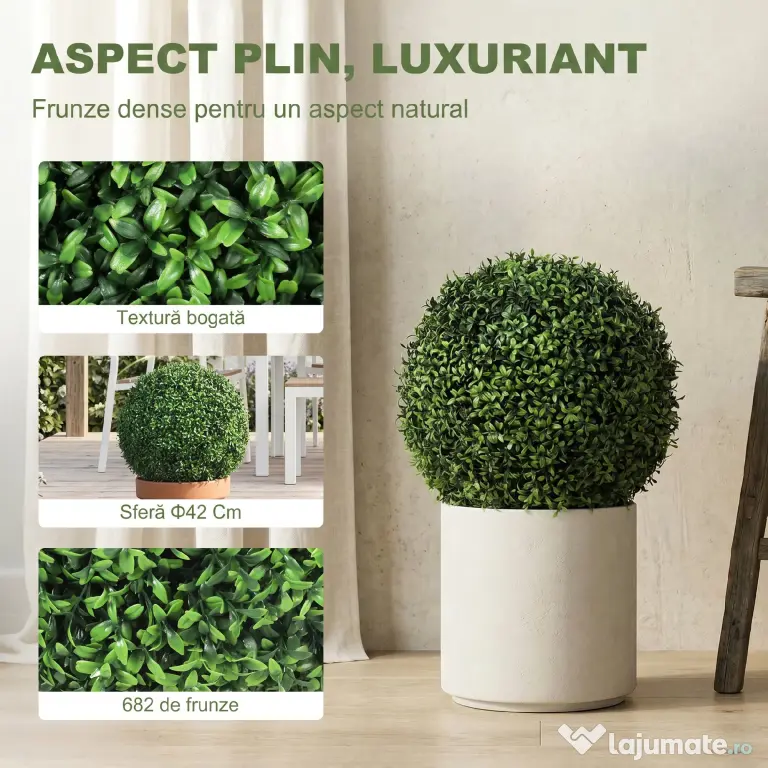 HOMCOM Plante Decorative Artificiale din Buxus cu 682 de Frunze, Rezistente la UV, Înălțime 42 cm