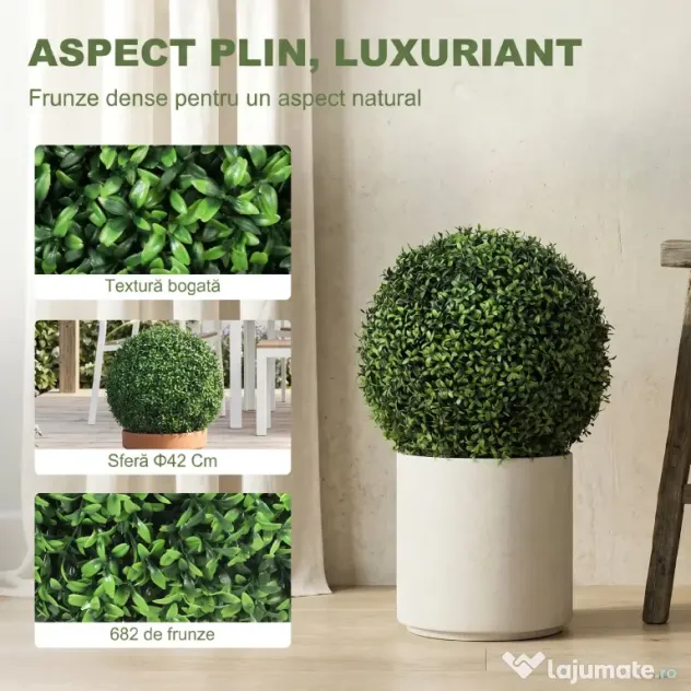 HOMCOM Plante Decorative Artificiale din Buxus cu 682 de Frunze, Rezistente la UV, Înălțime 42 cm