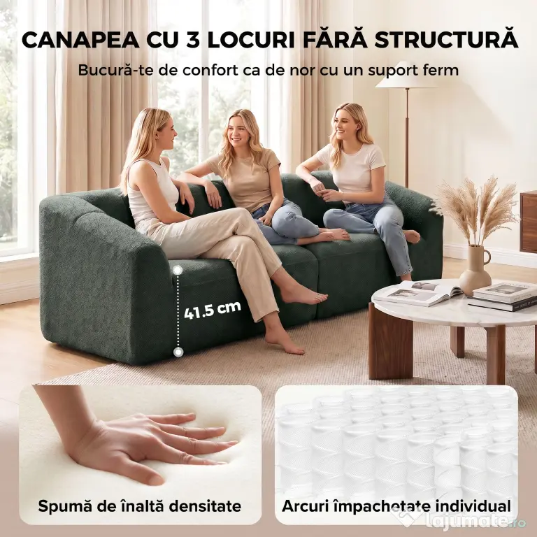 HOMCOM Canapea 3 Locuri fără Structură, cu Șezut Generos și Spumă Groasă, din Chenille, Verde Închis | Aosom Romania