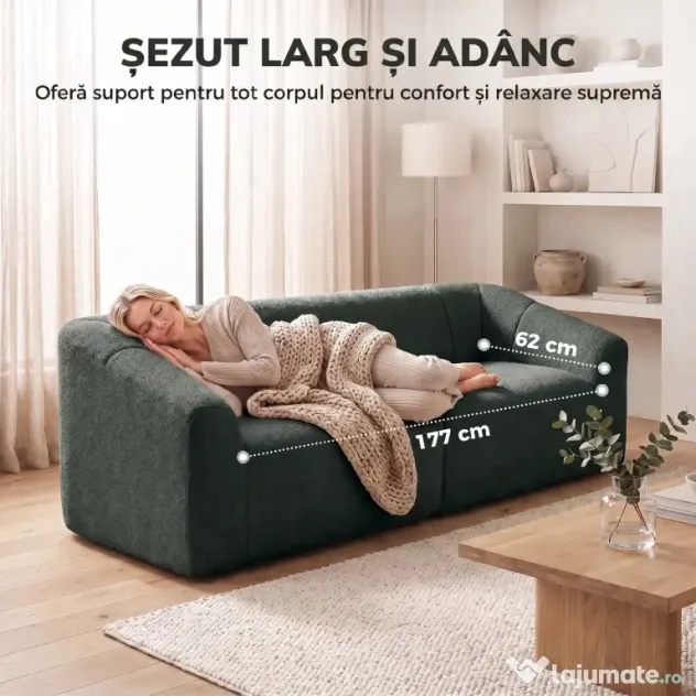 HOMCOM Canapea 3 Locuri fără Structură, cu Șezut Generos și Spumă Groasă, din Chenille, Verde Închis | Aosom Romania