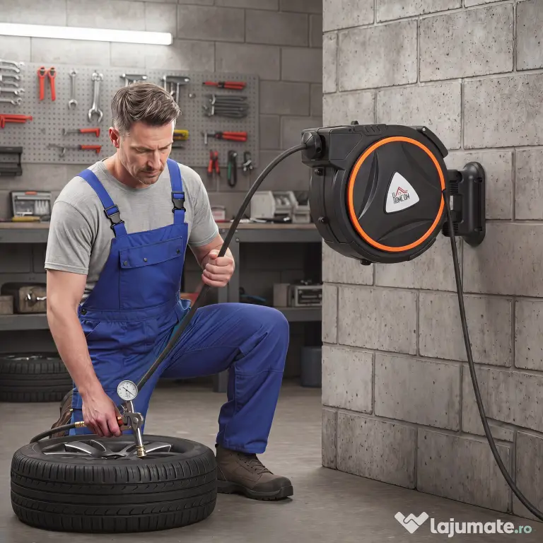 HOMCOM Tambur Automat Retractabil pentru Furtun 20 m, Montare pe Perete, Pivotant 180°, Negru și Portocaliu | Aosom Romania