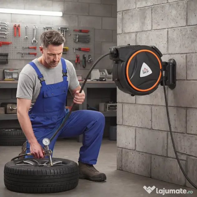 HOMCOM Tambur Automat Retractabil pentru Furtun 20 m, Montare pe Perete, Pivotant 180°, Negru și Portocaliu | Aosom Romania