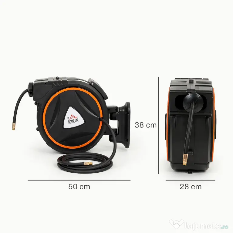 HOMCOM Tambur Automat Retractabil pentru Furtun 20 m, Montare pe Perete, Pivotant 180°, Negru și Portocaliu | Aosom Romania