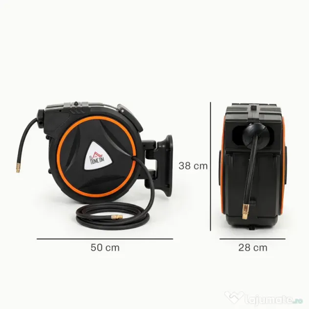 HOMCOM Tambur Automat Retractabil pentru Furtun 20 m, Montare pe Perete, Pivotant 180°, Negru și Portocaliu | Aosom Romania