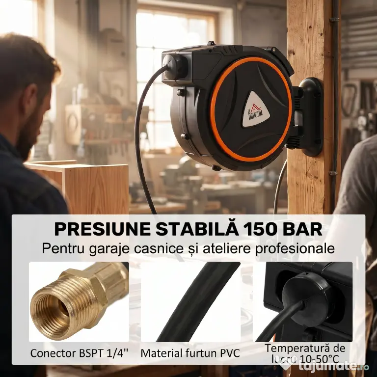 HOMCOM Tambur Automat Retractabil pentru Furtun 20 m, Montare pe Perete, Pivotant 180°, Negru și Portocaliu | Aosom Romania