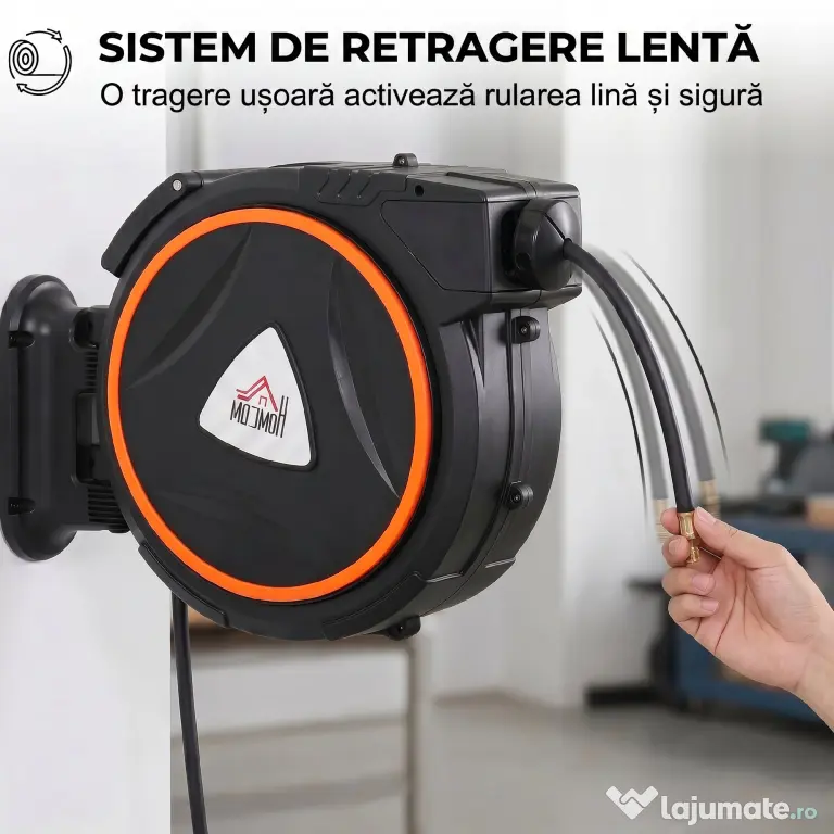 HOMCOM Tambur Automat Retractabil pentru Furtun 20 m, Montare pe Perete, Pivotant 180°, Negru și Portocaliu | Aosom Romania