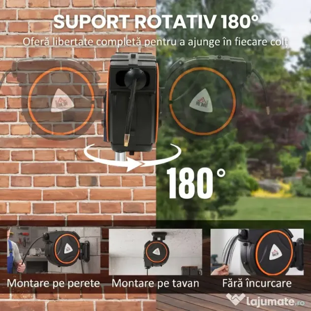 HOMCOM Tambur Automat Retractabil pentru Furtun 20 m, Montare pe Perete, Pivotant 180°, Negru și Portocaliu | Aosom Romania