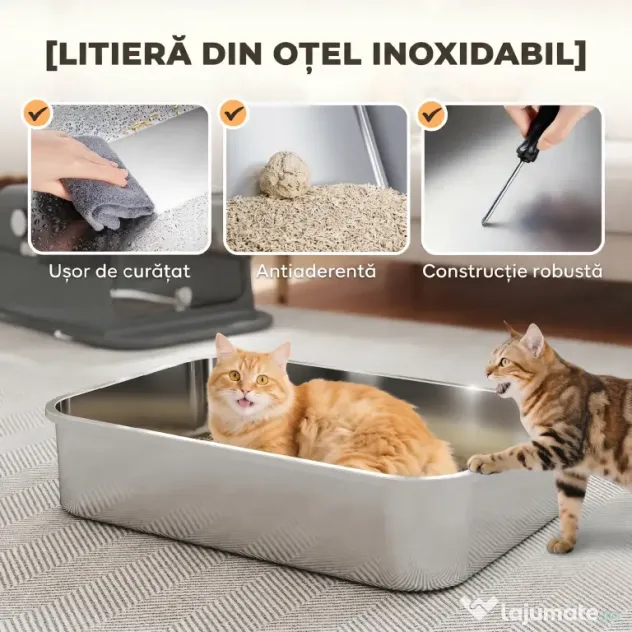 PawHut Litieră Închisă pentru Pisici 52 L din Oțel Inoxidabil, cu Capac Rabatabil, Acces Dublu și Lopățică, Negru | Aosom Romania