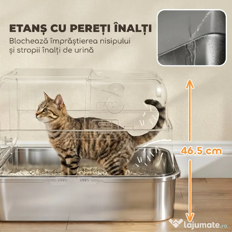 PawHut Litieră Închisă pentru Pisici 52 L din Oțel Inoxidabil, cu Capac Rabatabil, Acces Dublu și Lopățică, Negru | Aosom Romania