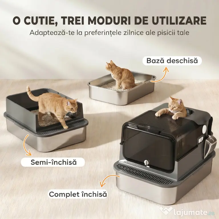 PawHut Litieră Închisă pentru Pisici 52 L din Oțel Inoxidabil, cu Capac Rabatabil, Acces Dublu și Lopățică, Negru | Aosom Romania