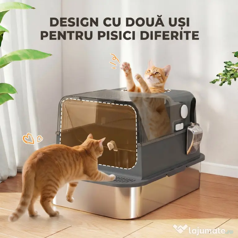 PawHut Litieră Închisă pentru Pisici 52 L din Oțel Inoxidabil, cu Capac Rabatabil, Acces Dublu și Lopățică, Negru | Aosom Romania