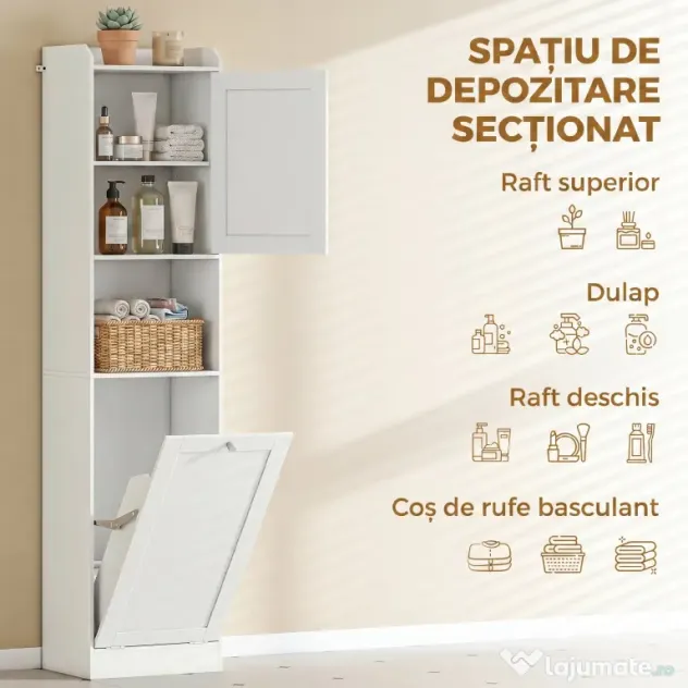 HOMCOM Coloană Baie cu Coș Rabatabil, Dulap Îngust cu Rafturi, Alb | Aosom Romania