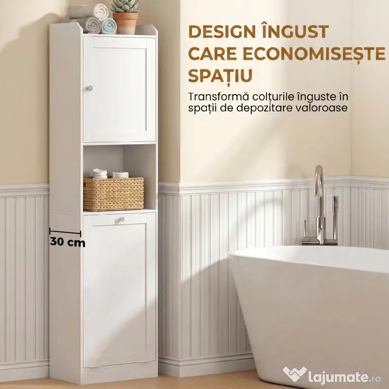 HOMCOM Coloană Baie cu Coș Rabatabil, Dulap Îngust cu Rafturi, Alb | Aosom Romania