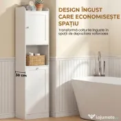 HOMCOM Coloană Baie cu Coș Rabatabil, Dulap Îngust cu Rafturi, Alb 