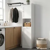 HOMCOM Coloană Baie cu Coș Rabatabil, Dulap Îngust cu Rafturi, Alb 