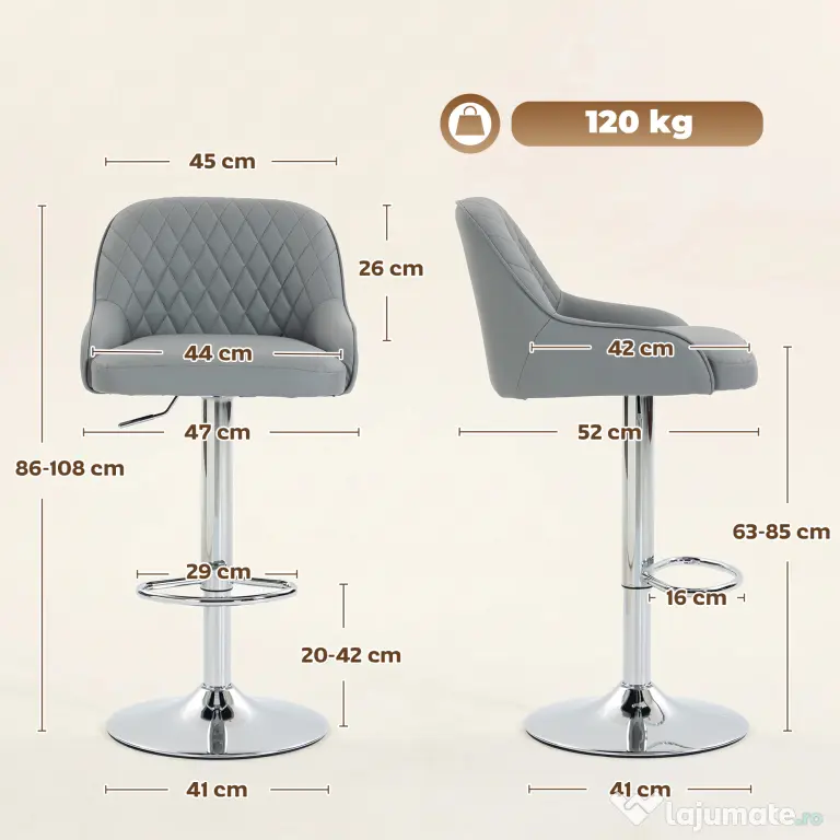 HOMCOM Set de 2 Scaune de Bar Rotative Reglabile pentru Bucătărie, Gri Deschis | Aosom Romania