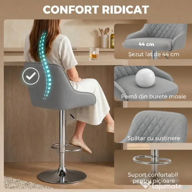 HOMCOM Set de 2 Scaune de Bar Rotative Reglabile pentru Bucătărie, Gri Deschis | Aosom Romania