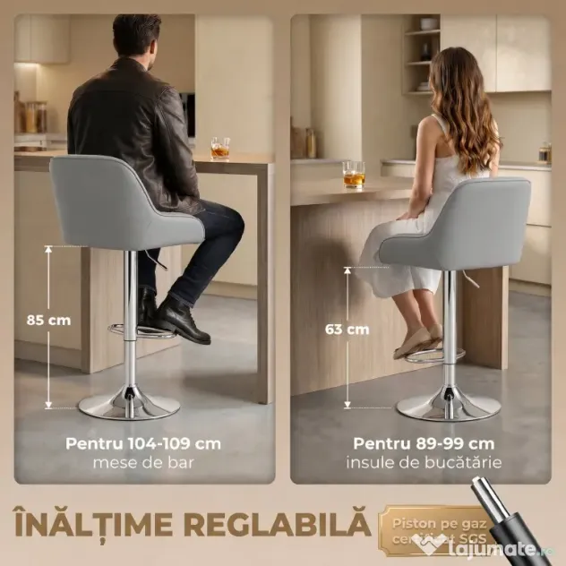 HOMCOM Set de 2 Scaune de Bar Rotative Reglabile pentru Bucătărie, Gri Deschis | Aosom Romania