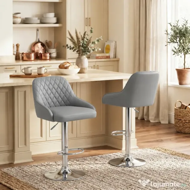 HOMCOM Set de 2 Scaune de Bar Rotative Reglabile pentru Bucătărie, Gri Deschis | Aosom Romania