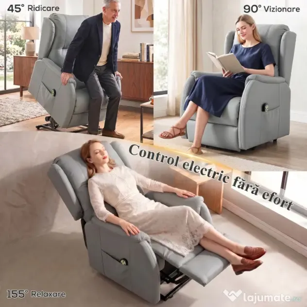 HOMCOM Fotoliu Reclinabil Electric cu Ridicare (155°), Șezut Lat pentru Seniori, Telecomandă, Gri Deschis | Aosom Romania
