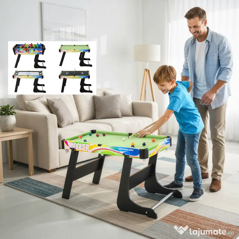 HOMCOM Masă de Joc 4 în 1 Pliabilă pentru Fotbal de Masă, Biliard, Air Hockey și Ping Pong, din MDF și Plastic