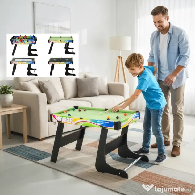HOMCOM Masă de Joc 4 în 1 Pliabilă pentru Fotbal de Masă, Biliard, Air Hockey și Ping Pong, din MDF și Plastic