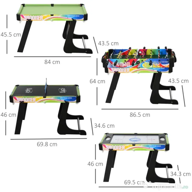 HOMCOM Masă de Joc 4 în 1 Pliabilă pentru Fotbal de Masă, Biliard, Air Hockey și Ping Pong, din MDF și Plastic