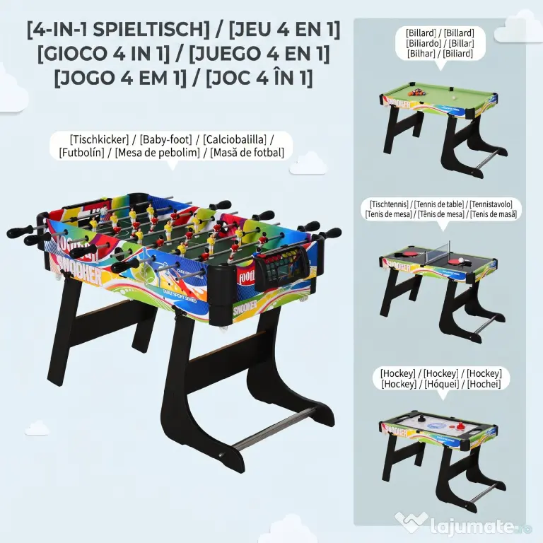 HOMCOM Masă de Joc 4 în 1 Pliabilă pentru Fotbal de Masă, Biliard, Air Hockey și Ping Pong, din MDF și Plastic