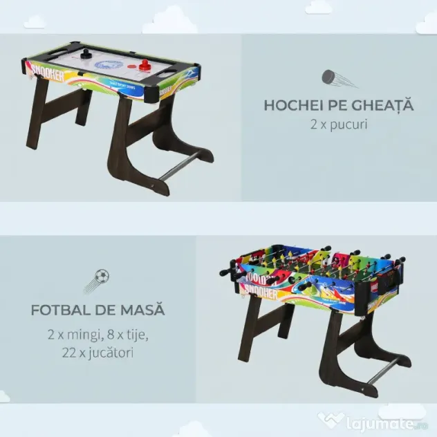 HOMCOM Masă de Joc 4 în 1 Pliabilă pentru Fotbal de Masă, Biliard, Air Hockey și Ping Pong, din MDF și Plastic