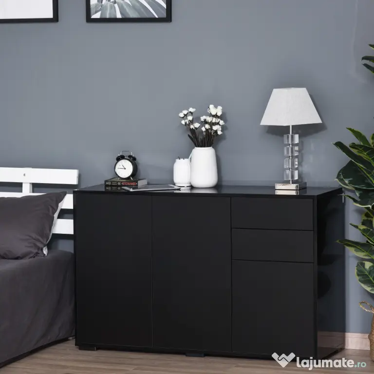 Dulap multifunctional negru HOMCOM cu 2 sertare si 2 dulapuri cu apasare, 117x36x74cm