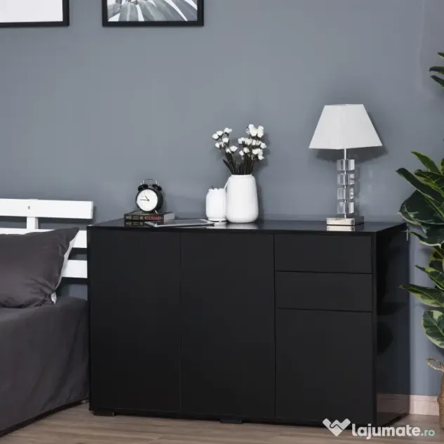 Dulap multifunctional negru HOMCOM cu 2 sertare si 2 dulapuri cu apasare, 117x36x74cm