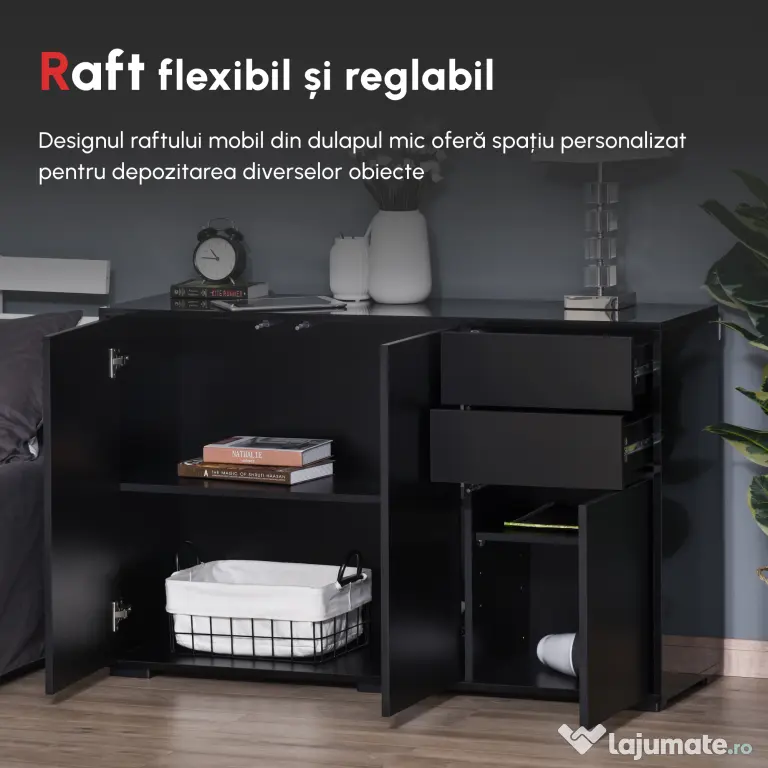 Dulap multifunctional negru HOMCOM cu 2 sertare si 2 dulapuri cu apasare, 117x36x74cm