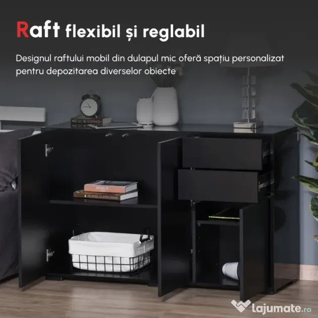 Dulap multifunctional negru HOMCOM cu 2 sertare si 2 dulapuri cu apasare, 117x36x74cm