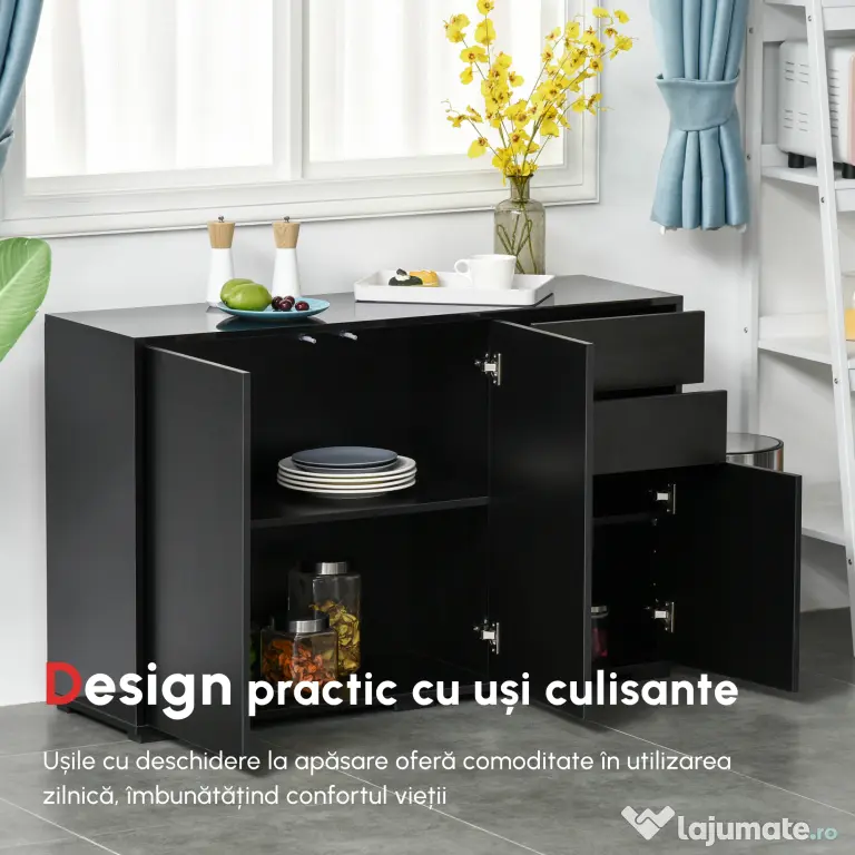 Dulap multifunctional negru HOMCOM cu 2 sertare si 2 dulapuri cu apasare, 117x36x74cm