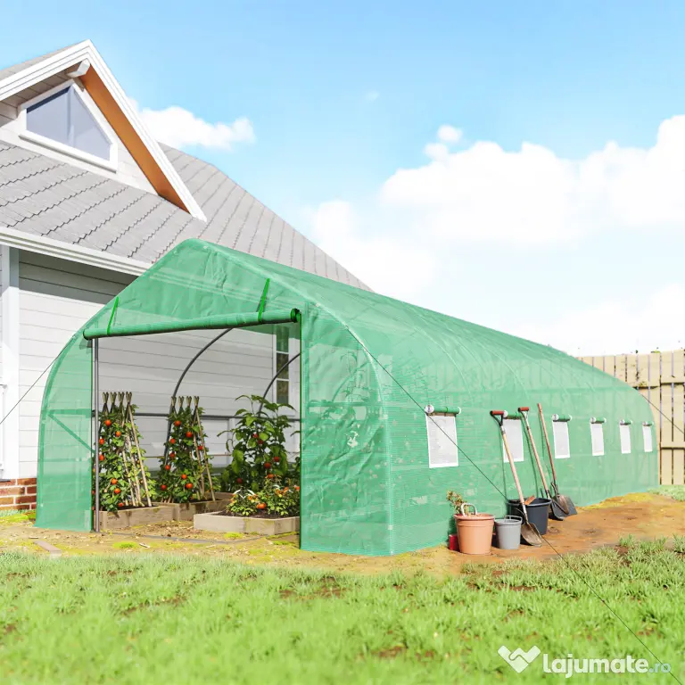 Outsunny Sera de Gradina Tip Tunel, Solar pentru Legume si Plante, Prelata PE Impermeabila cu Protectie UV, Usa cu Fermoar si Ferestre cu Plasa, Cadru Metalic