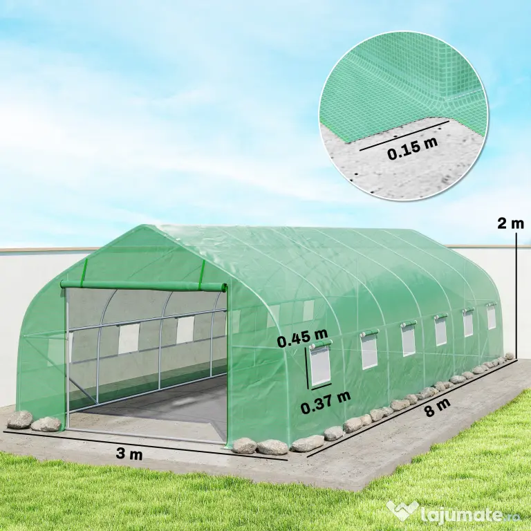 Outsunny Sera de Gradina Tip Tunel, Solar pentru Legume si Plante, Prelata PE Impermeabila cu Protectie UV, Usa cu Fermoar si Ferestre cu Plasa, Cadru Metalic