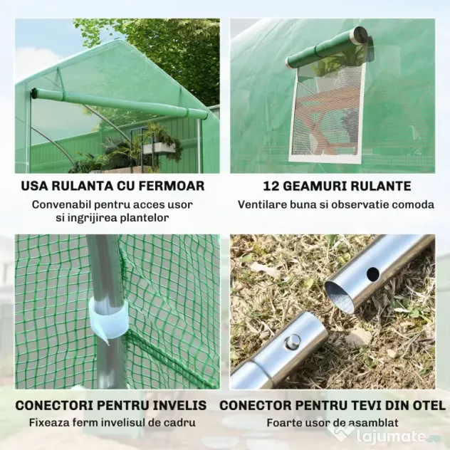 Outsunny Sera de Gradina Tip Tunel, Solar pentru Legume si Plante, Prelata PE Impermeabila cu Protectie UV, Usa cu Fermoar si Ferestre cu Plasa, Cadru Metalic