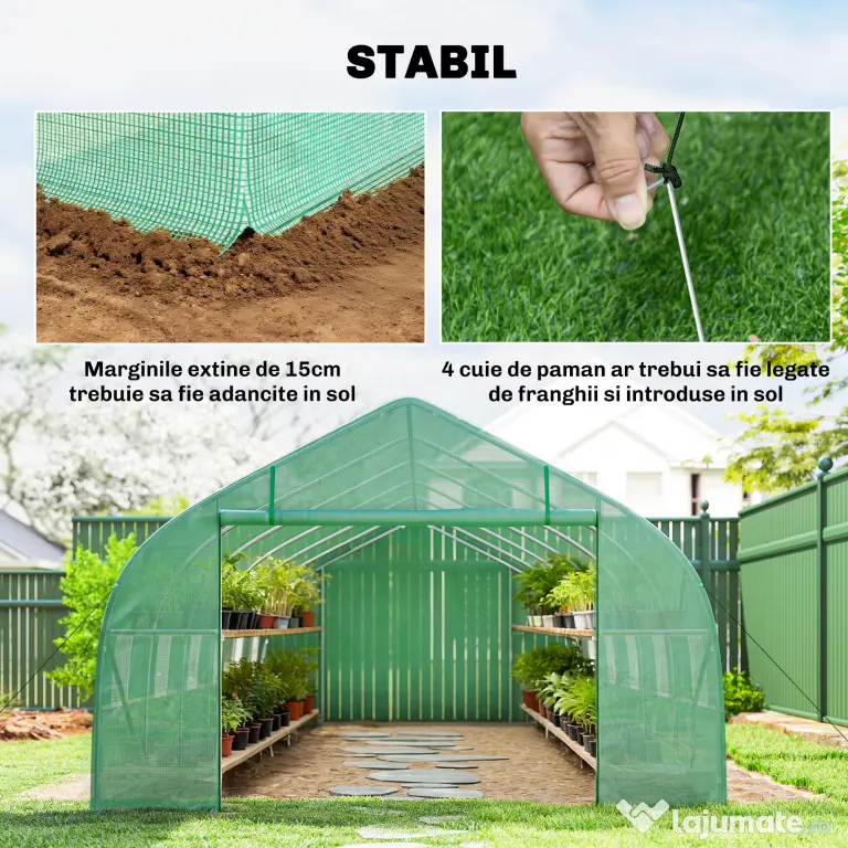 Outsunny Sera de Gradina Tip Tunel, Solar pentru Legume si Plante, Prelata PE Impermeabila cu Protectie UV, Usa cu Fermoar si Ferestre cu Plasa, Cadru Metalic