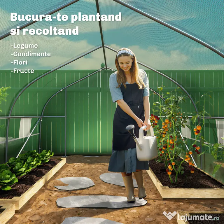 Outsunny Sera de Gradina Tip Tunel, Solar pentru Legume si Plante, Prelata PE Impermeabila cu Protectie UV, Usa cu Fermoar si Ferestre cu Plasa, Cadru Metalic