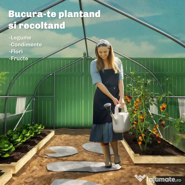 Outsunny Sera de Gradina Tip Tunel, Solar pentru Legume si Plante, Prelata PE Impermeabila cu Protectie UV, Usa cu Fermoar si Ferestre cu Plasa, Cadru Metalic