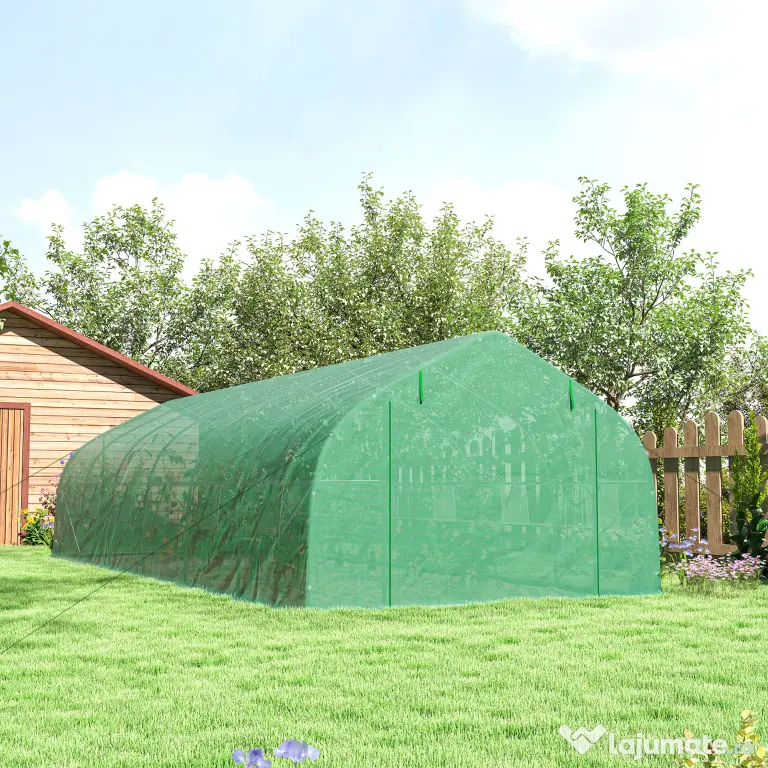 Outsunny Sera de Gradina Tip Tunel, Solar pentru Legume si Plante, Prelata PE Impermeabila cu Protectie UV, Usa cu Fermoar si Ferestre cu Plasa, Cadru Metalic