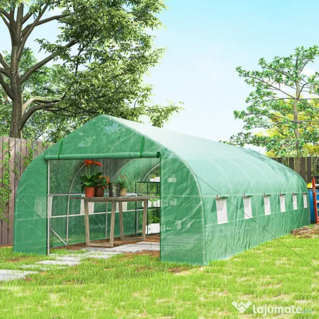Outsunny Sera de Gradina Tip Tunel, Solar pentru Legume si Plante, Prelata PE Impermeabila cu Protectie UV, Usa cu Fermoar si Ferestre cu Plasa, Cadru Metalic