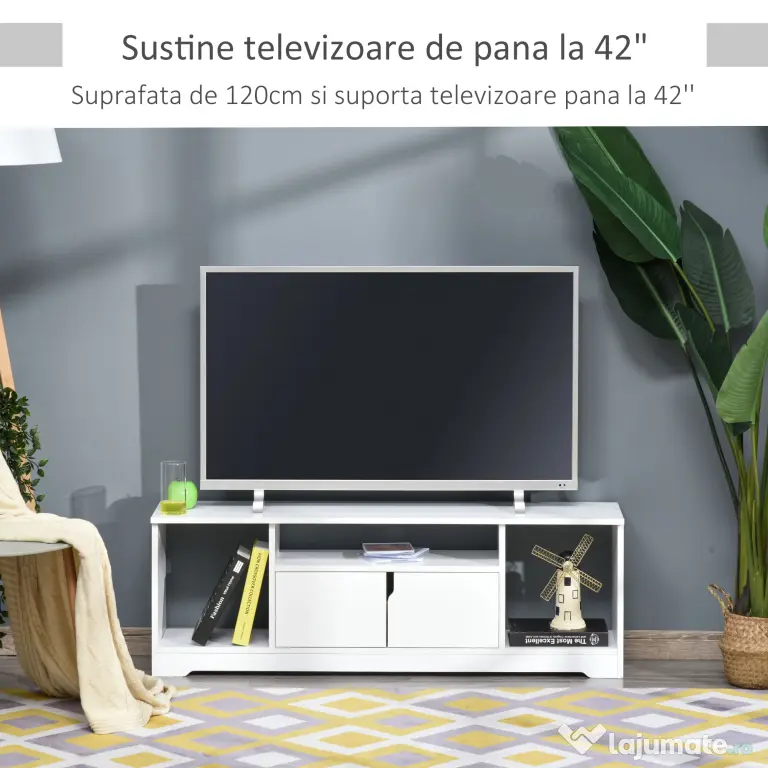 Mobilier Suport TV HOMCOM Pana la 42 inchi cu Dulapior si Etajere Deschise, din Lemn, 120x30x41cm