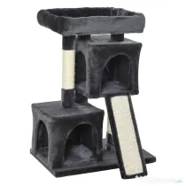 PawHut Ansamblu pentru pisici cu stalpi din sisal, pat si 2 Casute cu invelis de plus, 59x39x83cm, Negru