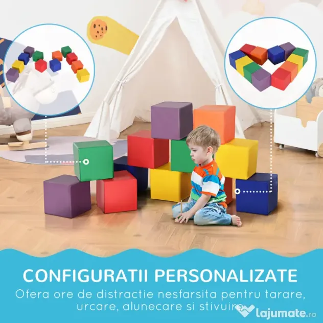 HOMCOM Set 12 Cuburi Moi pentru Copii 2+ Ani, Joc Educativ din Spumă, Blocuri de Construcție 20x20x20 cm, Multicolor