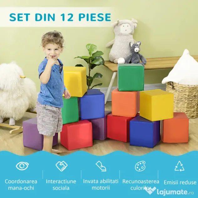 HOMCOM Set 12 Cuburi Moi pentru Copii 2+ Ani, Joc Educativ din Spumă, Blocuri de Construcție 20x20x20 cm, Multicolor